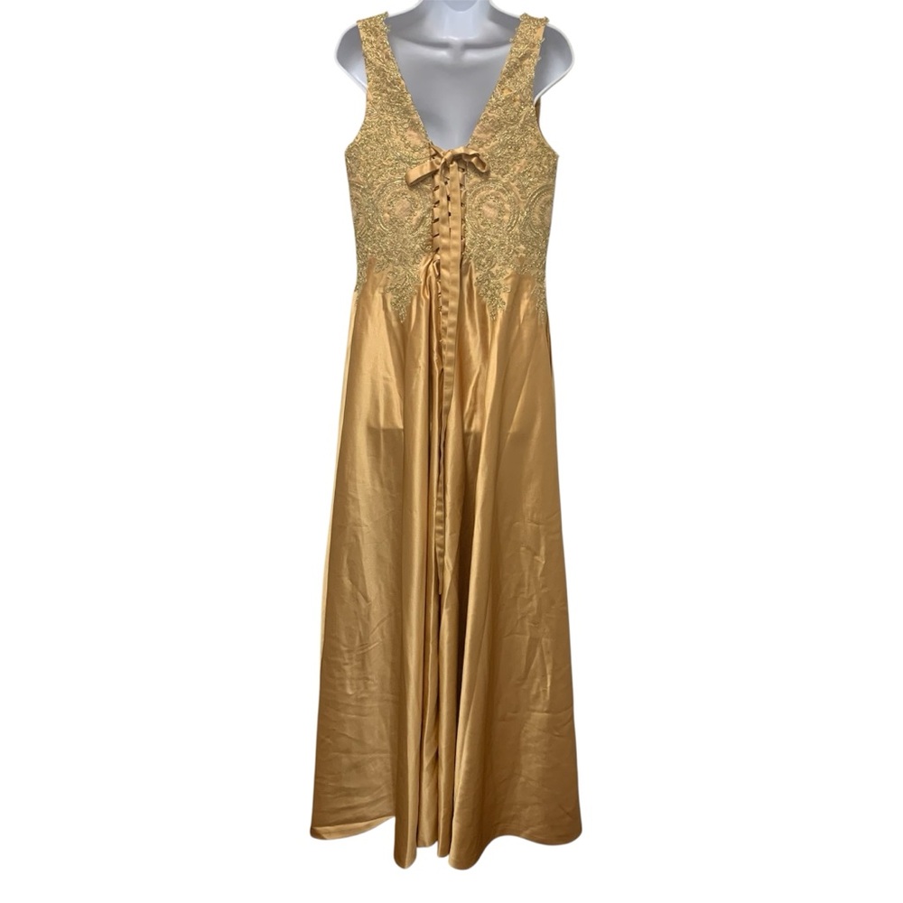 Elegant Golden Evening Dress Lace Party Women’s Size M Maxi Dress V Neck - Picture 4 of 10